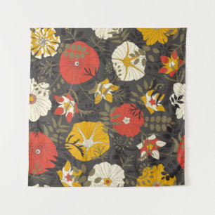 cartoon leaves and flowers on a dark background in tapestry
