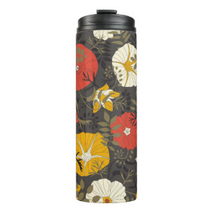 cartoon leaves and flowers on a dark background in thermal tumbler