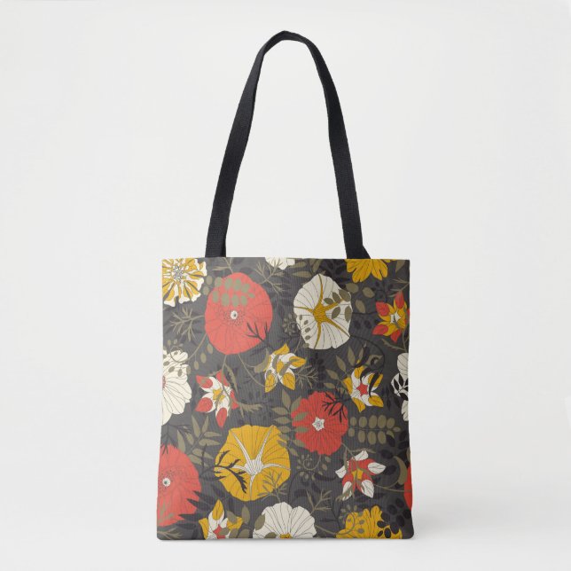 cartoon leaves and flowers on a dark background in tote bag (Front)