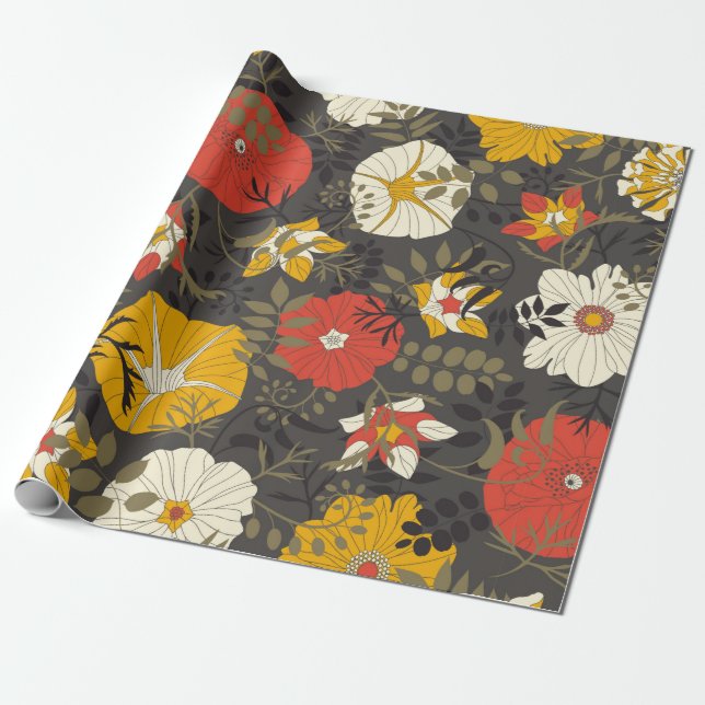 cartoon leaves and flowers on a dark background in wrapping paper (Unrolled)