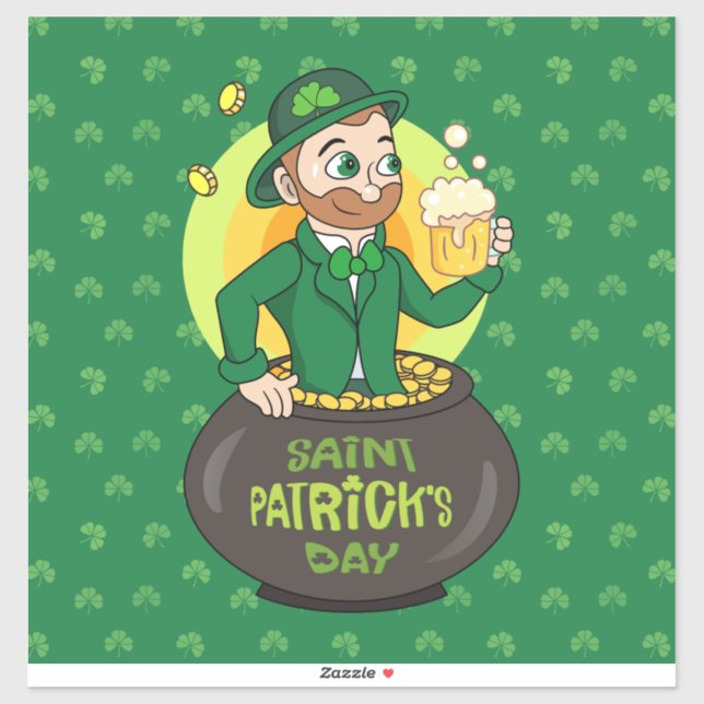 Cartoon leprechaun in a pot of gold holding a pint (Sheet)