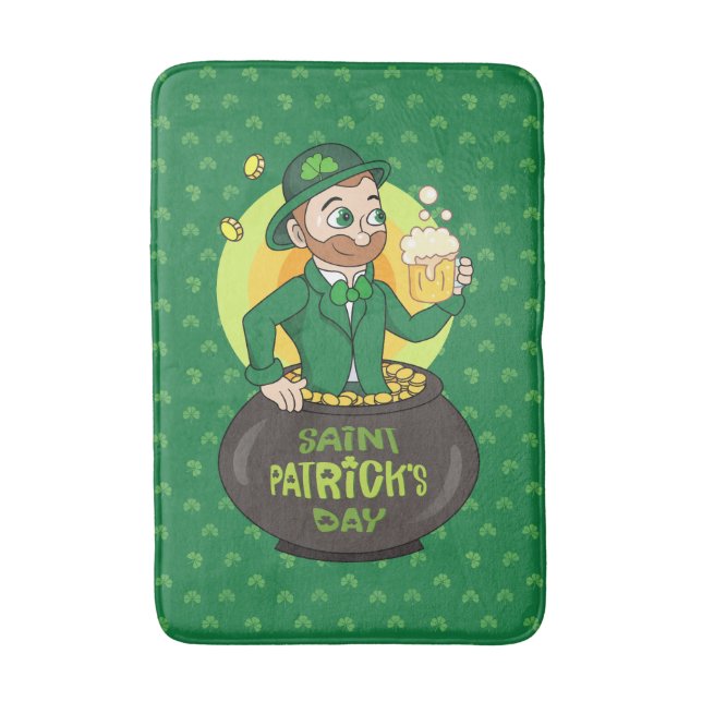 Cartoon leprechaun in a pot of gold holding a pint bath mat (Front Vertical)