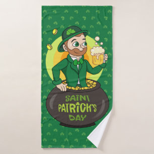 Cartoon leprechaun in a pot of gold holding a pint bath towel