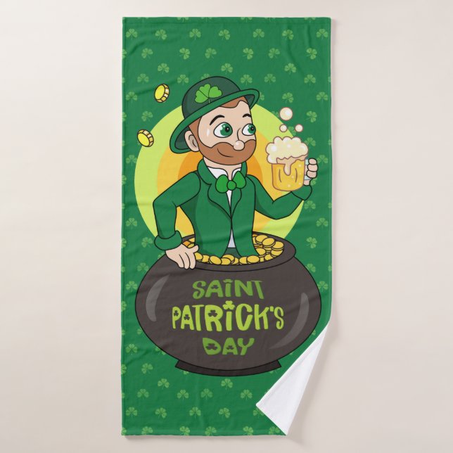 Cartoon leprechaun in a pot of gold holding a pint bath towel (Bath Towel)