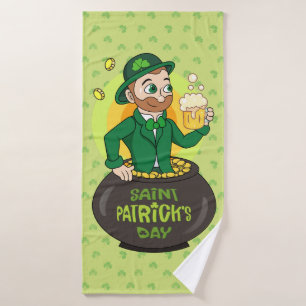 Cartoon leprechaun in a pot of gold holding a pint bath towel