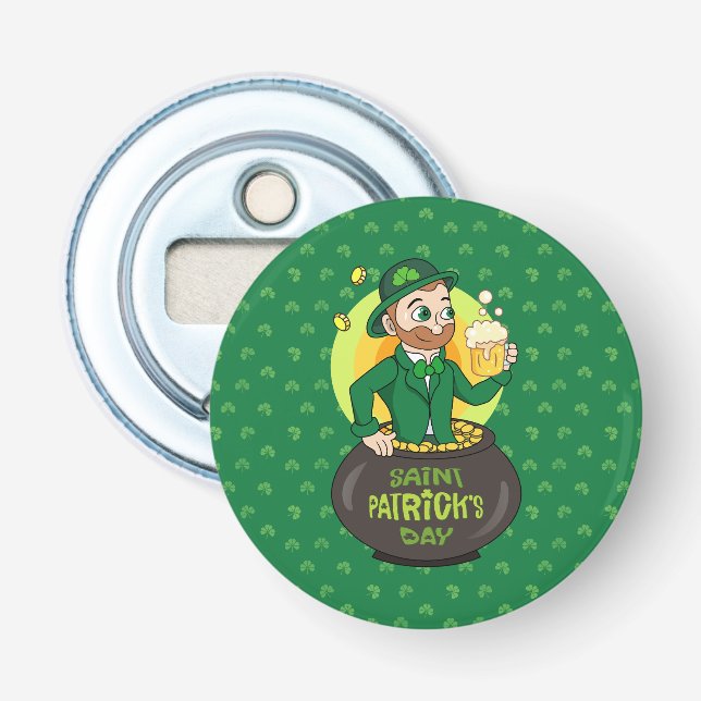 Cartoon leprechaun in a pot of gold holding a pint bottle opener (Front)