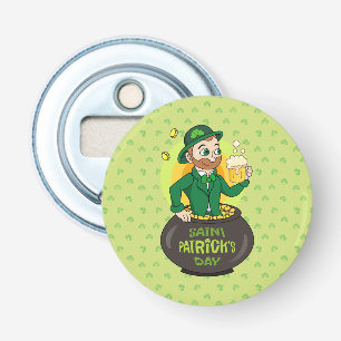Cartoon leprechaun in a pot of gold holding a pint bottle opener