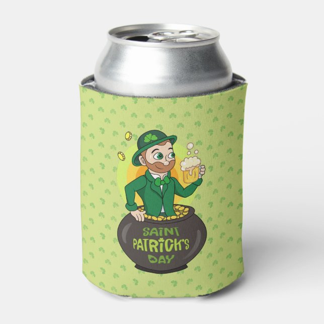 Cartoon leprechaun in a pot of gold holding a pint can cooler (Can Front)