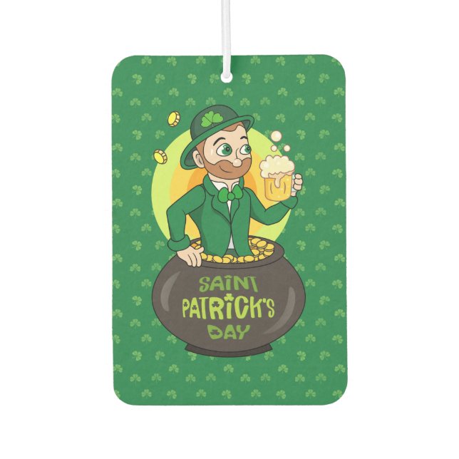Cartoon leprechaun in a pot of gold holding a pint car air freshener (Front)