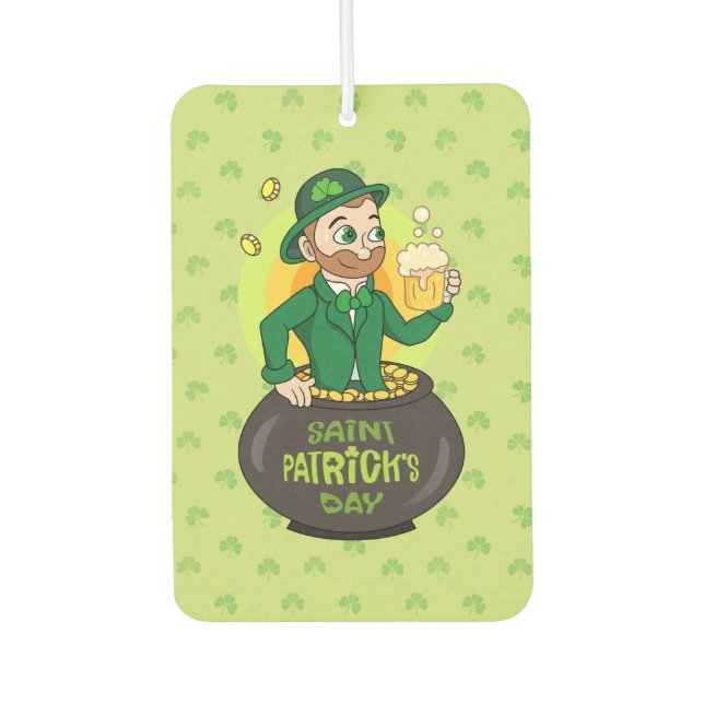 Cartoon leprechaun in a pot of gold holding a pint car air freshener (Front)
