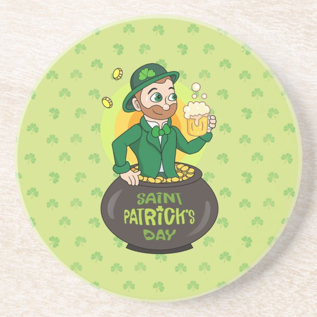 Cartoon leprechaun in a pot of gold holding a pint coaster (Front)