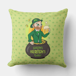 Cartoon leprechaun in a pot of gold holding a pint cushion