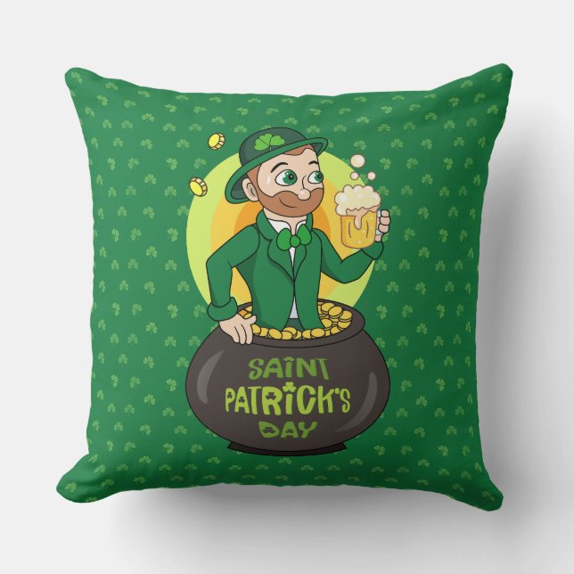 Cartoon leprechaun in a pot of gold holding a pint cushion (Front)