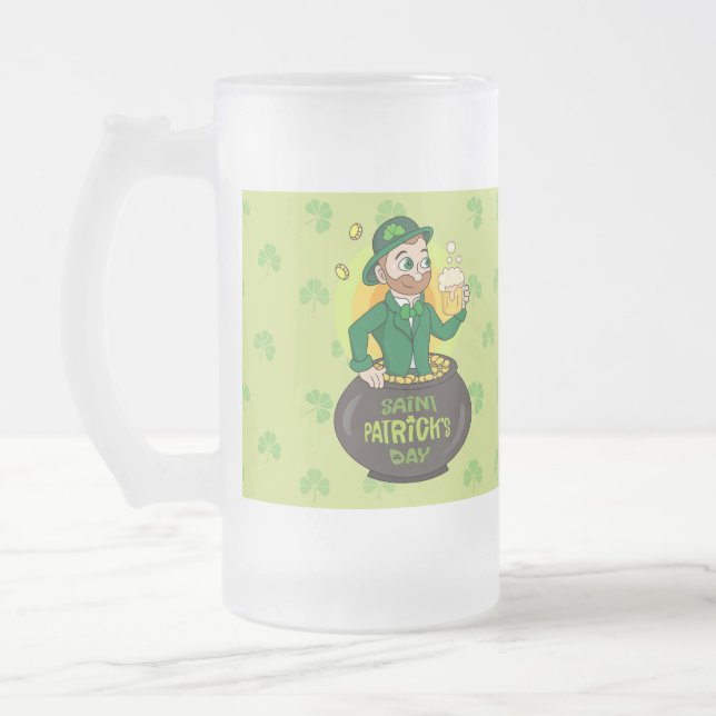 Cartoon leprechaun in a pot of gold holding a pint frosted glass beer mug (Left)