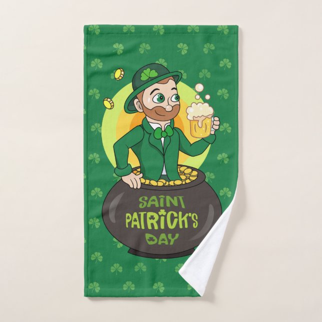 Cartoon leprechaun in a pot of gold holding a pint hand towel (Hand Towel)