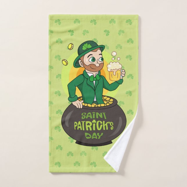 Cartoon leprechaun in a pot of gold holding a pint hand towel (Hand Towel)