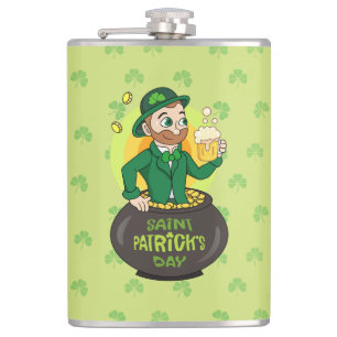 Cartoon leprechaun in a pot of gold holding a pint hip flask