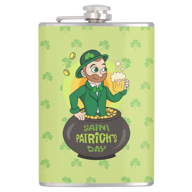 Cartoon leprechaun in a pot of gold holding a pint hip flask (Front)