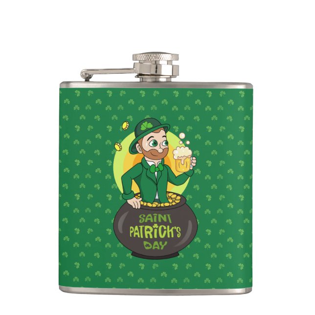 Cartoon leprechaun in a pot of gold holding a pint hip flask (Front)