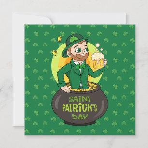 Cartoon leprechaun in a pot of gold holding a pint invitation