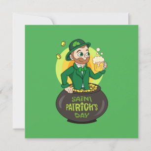 Cartoon leprechaun in a pot of gold holding a pint invitation
