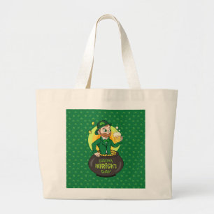 Cartoon leprechaun in a pot of gold holding a pint large tote bag