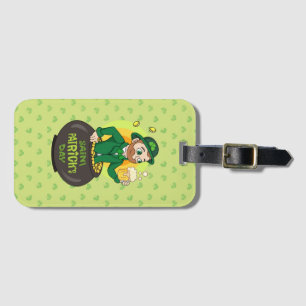 Cartoon leprechaun in a pot of gold holding a pint luggage tag