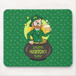 Cartoon leprechaun in a pot of gold holding a pint mouse mat