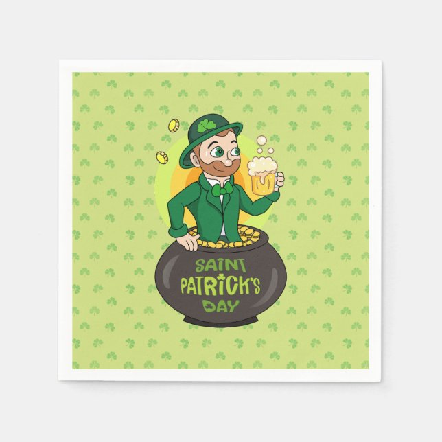 Cartoon leprechaun in a pot of gold holding a pint napkin (Front)