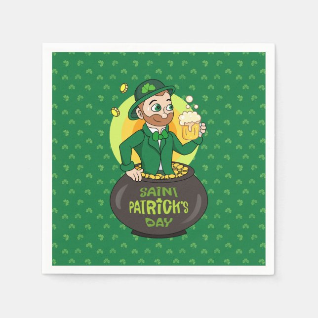 Cartoon leprechaun in a pot of gold holding a pint napkin (Front)