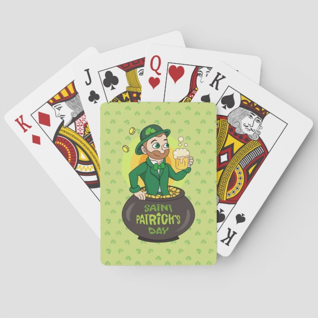 Cartoon leprechaun in a pot of gold holding a pint playing cards (Back)