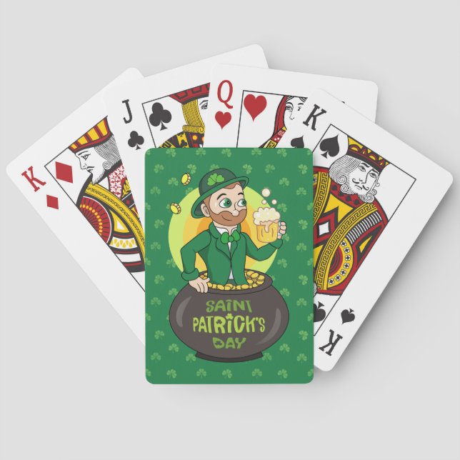 Cartoon leprechaun in a pot of gold holding a pint playing cards (Back)