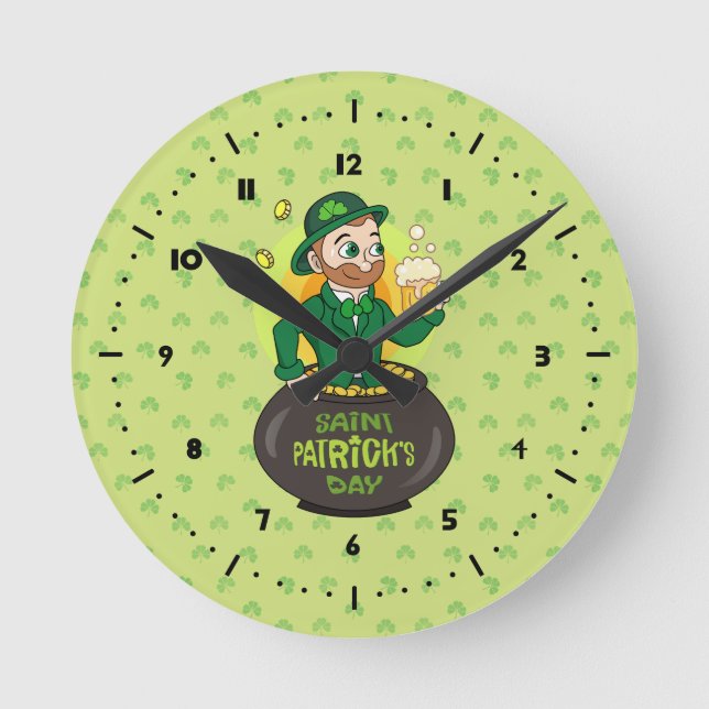 Cartoon leprechaun in a pot of gold holding a pint round clock (Front)