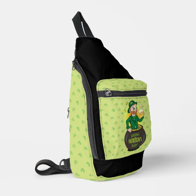 Cartoon leprechaun in a pot of gold holding a pint sling bag (Left Corner)