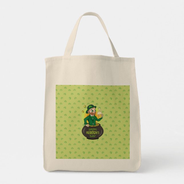 Cartoon leprechaun in a pot of gold holding a pint tote bag (Back)