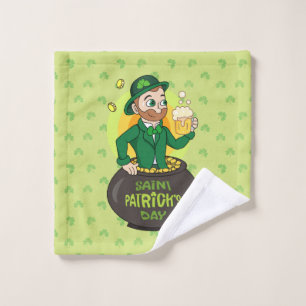 Cartoon leprechaun in a pot of gold holding a pint wash cloth