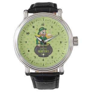 Cartoon leprechaun in a pot of gold holding a pint watch