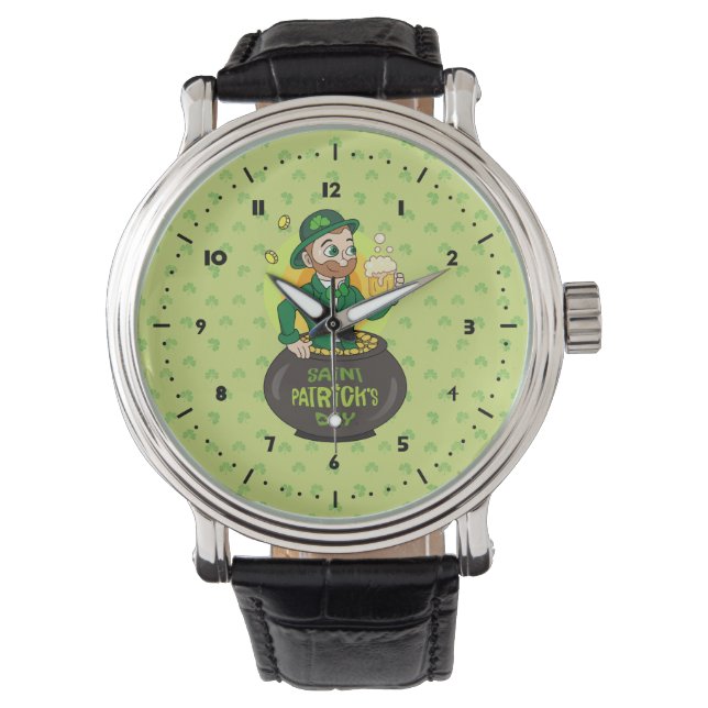 Cartoon leprechaun in a pot of gold holding a pint watch (Front)