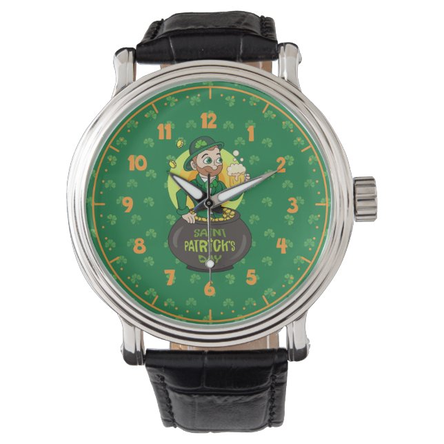 Cartoon leprechaun in a pot of gold holding a pint watch (Front)