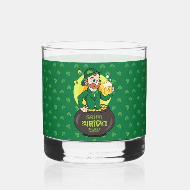 Cartoon leprechaun in a pot of gold holding a pint whiskey glass (Front)