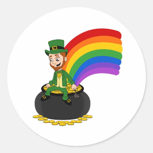 Cartoon leprechaun sitting on a pot of gold classic round sticker (Front)