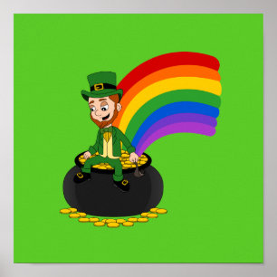 Cartoon leprechaun sitting on a pot of gold poster