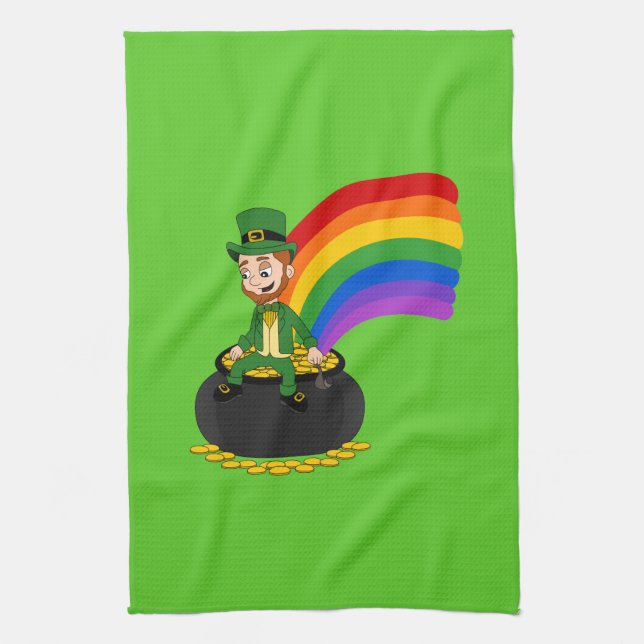 Cartoon leprechaun sitting on a pot of gold tea towel (Vertical)
