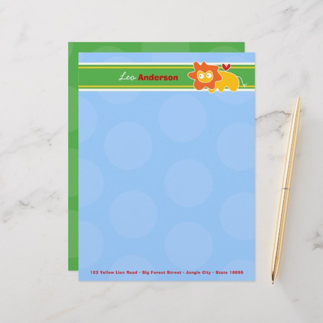 Cartoon Lion Fun Personal Custom Letterhead (Front/Back In Situ)