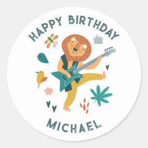 Cartoon Lion & Guitar Classic Round Sticker