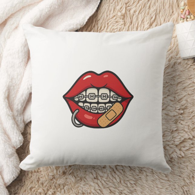 Cartoon Lips Sticker with Braces & Piercing Cushion (Blanket)