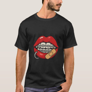 Cartoon Lips Sticker with Braces & Piercing T-Shirt