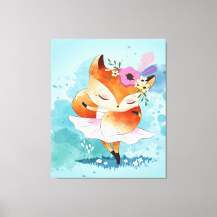 Cartoon Little Fox Lovely Fox Floral Canvas Print