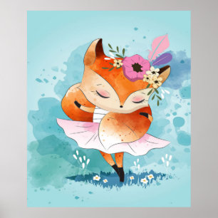 Cartoon Little Fox Lovely Fox Floral Poster