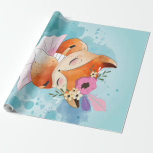 Cartoon Little Fox Lovely Fox Floral Wrapping Paper